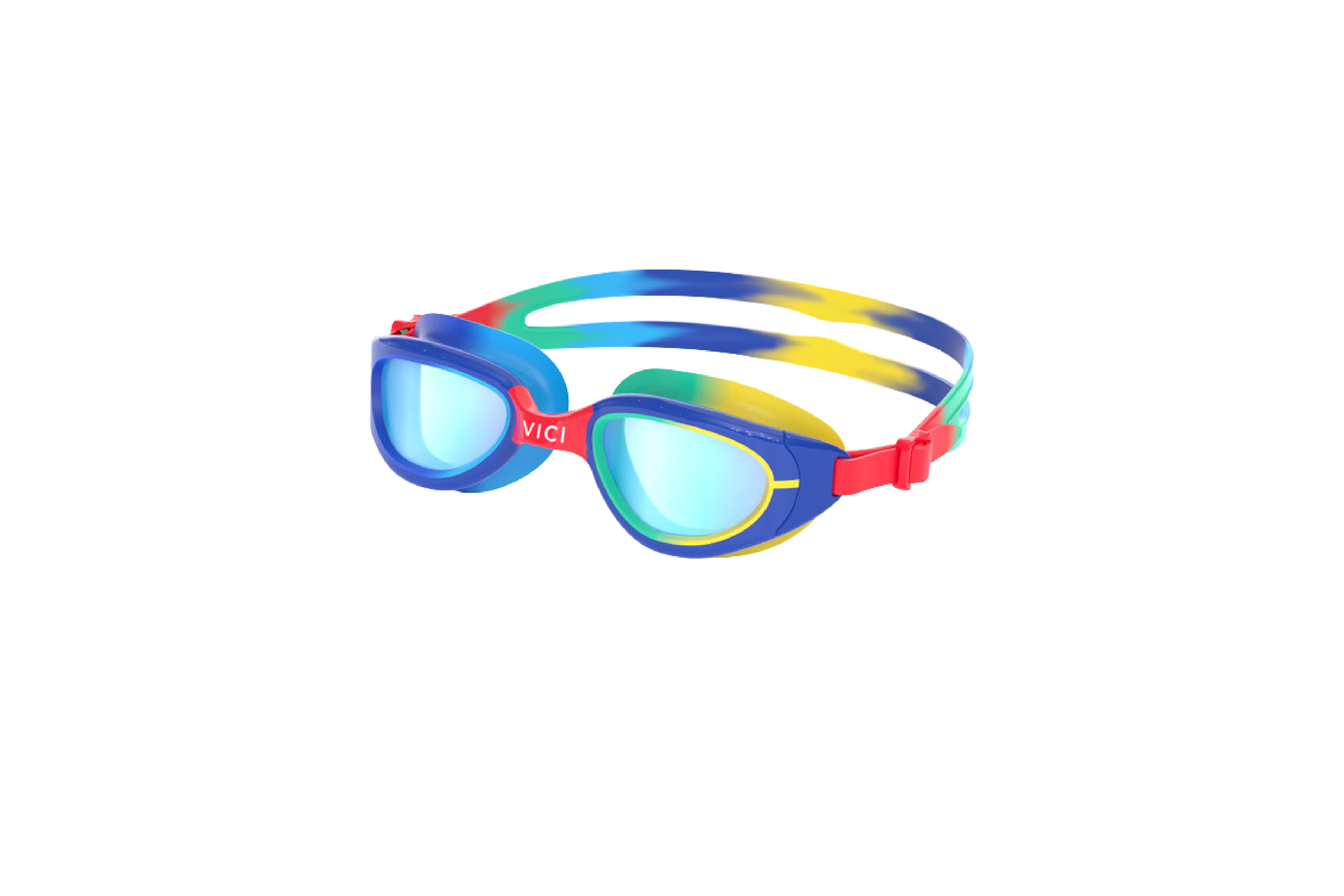 Children's swimming goggles with a Blue frame, multi-coloured strap and blue metallic lens.
