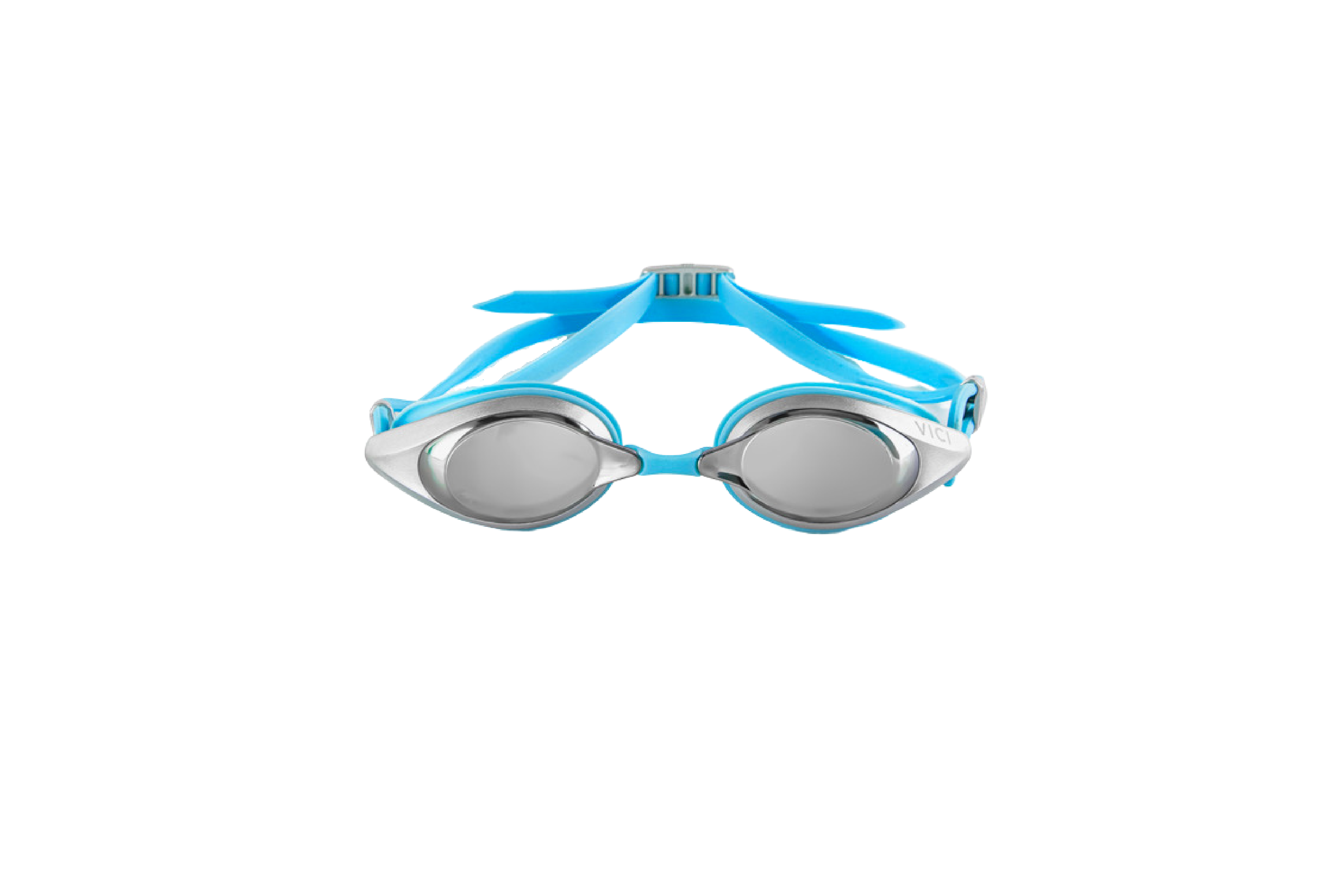 Competition swimming goggles with blue frame and silver mirrored lens