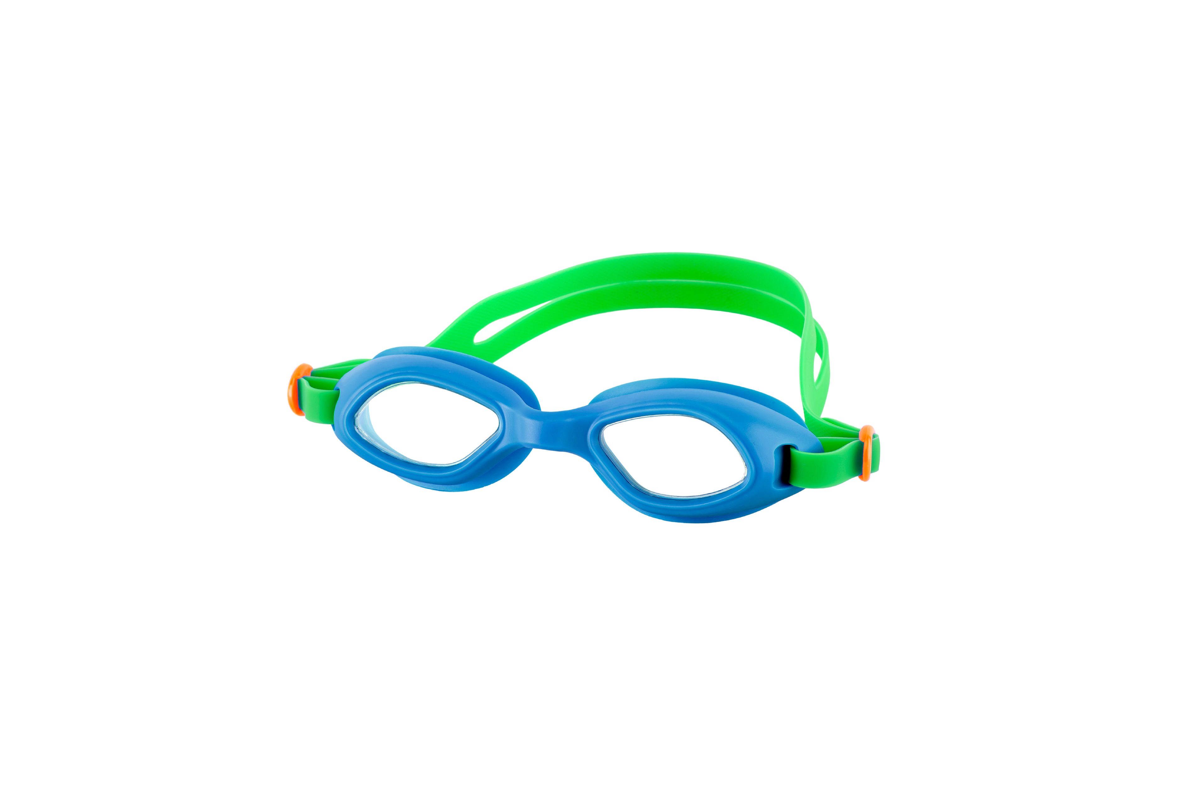 Blue childrens swim goggles with green straps