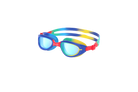 Children's swimming goggles with a Blue frame, multi-coloured strap and blue metallic lens.