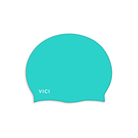 A turquoise Extra large silicone swim cap for long hair with the brand name 'VICI' printed in white near the ear loops, shown on a plain white background.