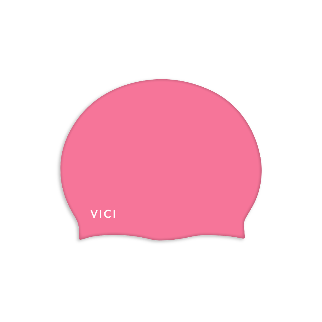 A pink extra large silicone swim cap to help with long hair with the brand name 'VICI' printed in white near the front left, shown on a plain white background.