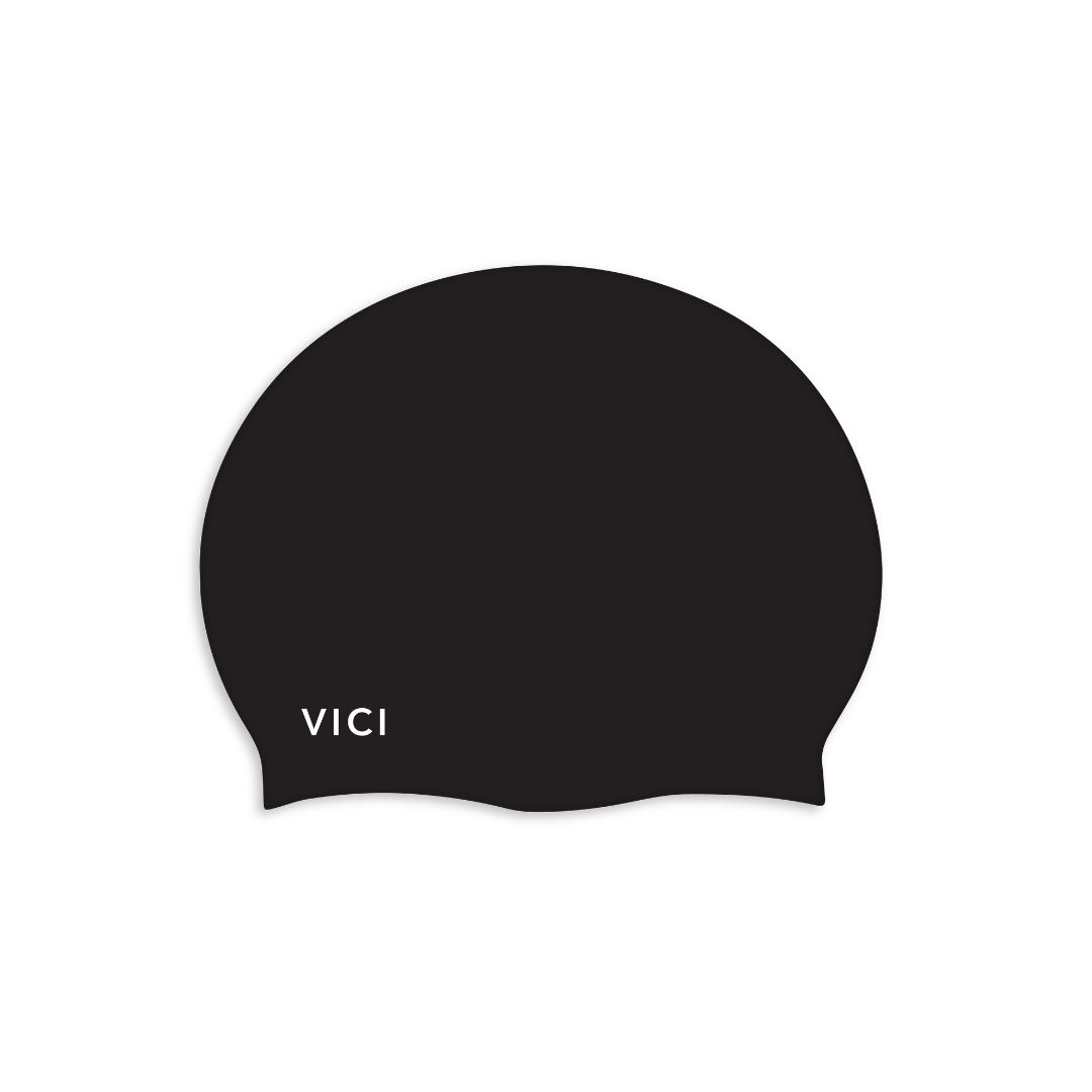 A black Extra Large silicone swim cap for long hair with the brand name 'VICI' printed in white on the lower left, shown against a plain white background.