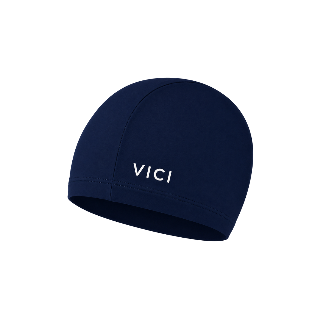 A dark navy blue swim cap made from lycra or Nylon