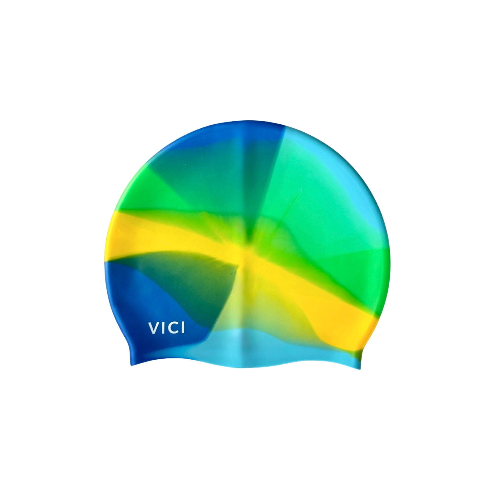 Bright multi coloured swimming cap with Blue, Green and yellow hues