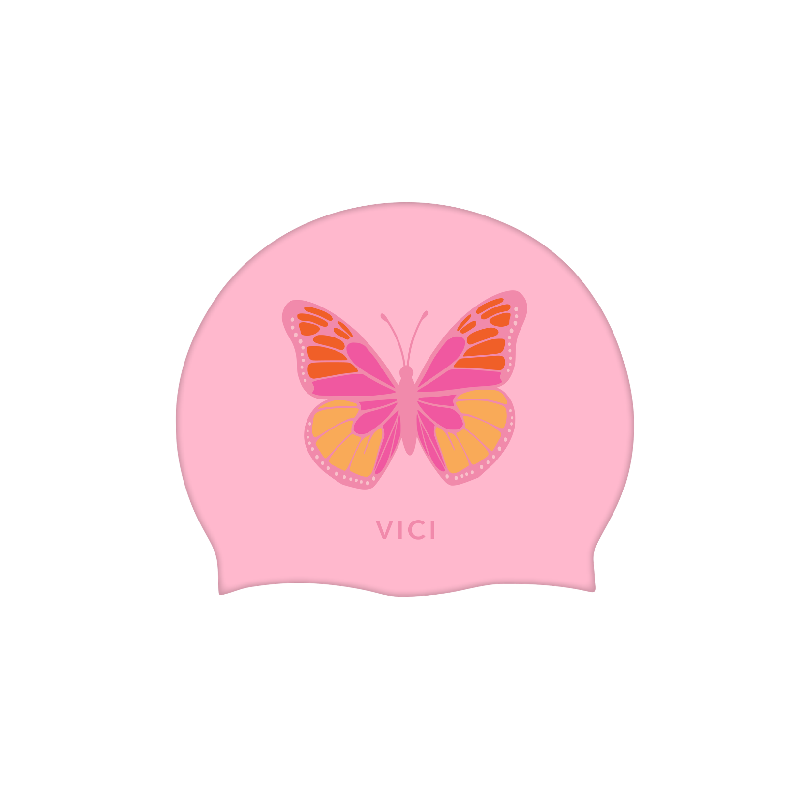 Pink swim cap with a butterfly design