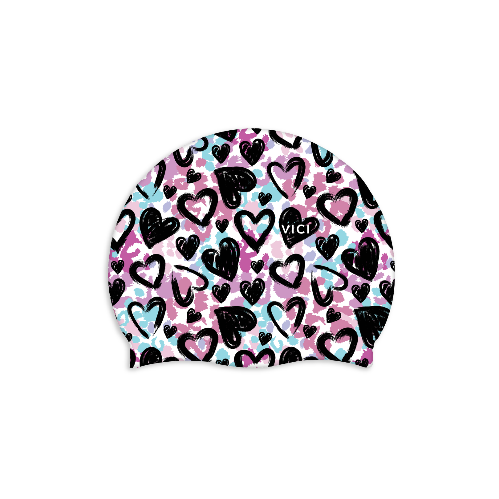 Swim cap with heart pattern on a pink motley background