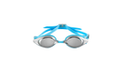 Competition swimming goggles with blue frame and silver mirrored lens