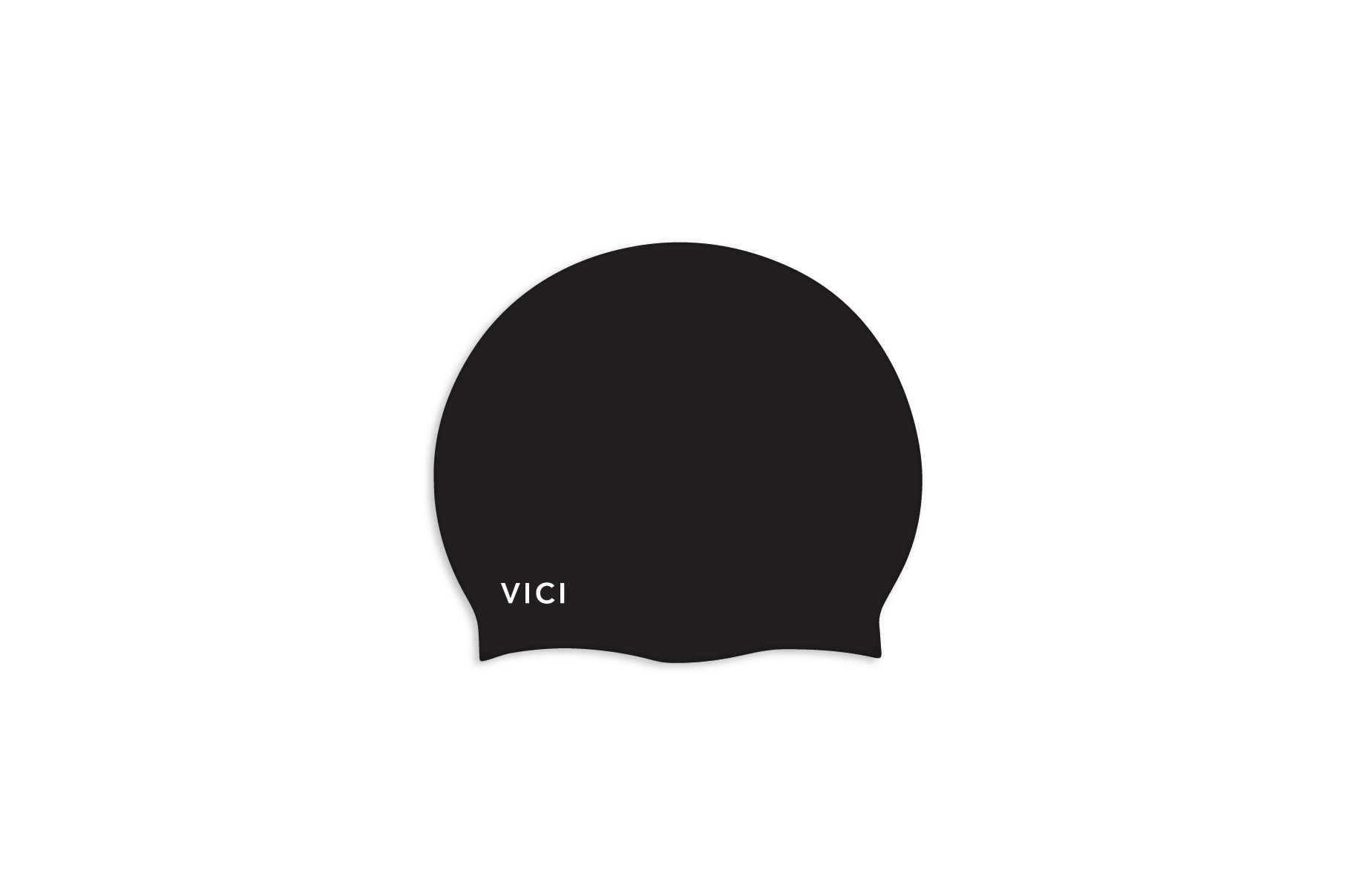 A black silicone swim cap with the brand name 'VICI' printed in white on the lower left, shown against a plain white background.