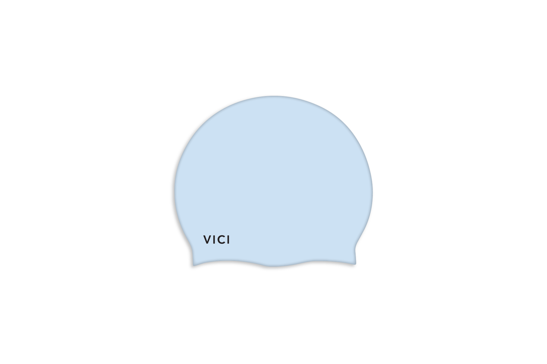 A light blue silicone swim cap with the brand name 'VICI' printed in black near the bottom left, shown on a plain white background.