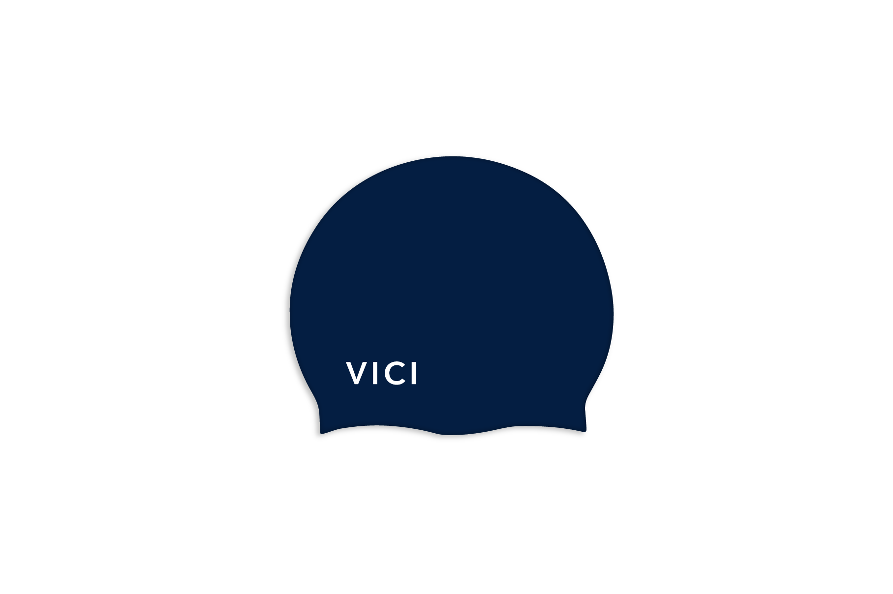 A dark navy blue swim cap with the brand name 'VICI' printed in white on the front, centered on a plain white background.