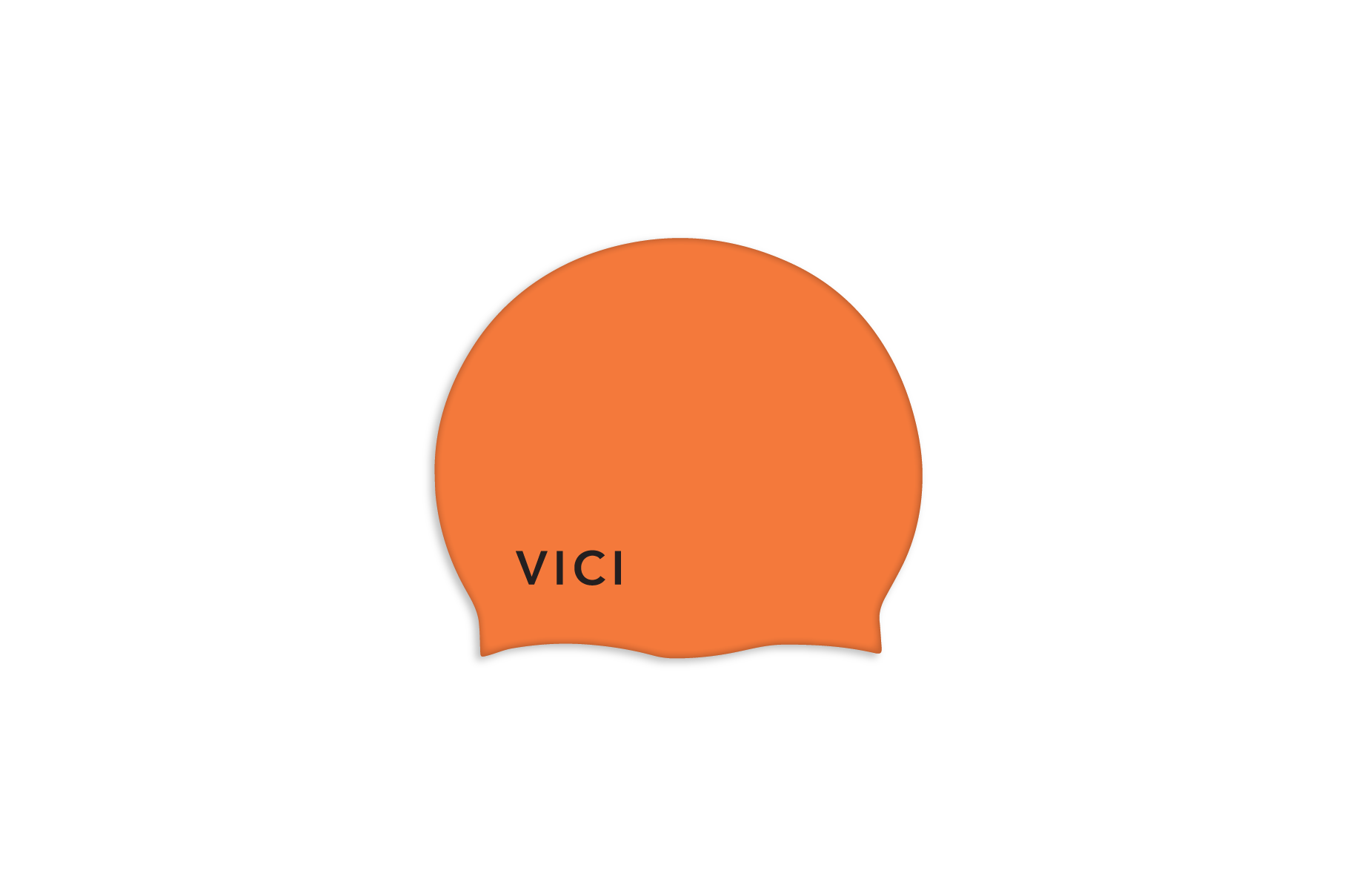 An orange silicone swim cap with the brand name 'VICI' printed in black near the front, shown on a plain white background.
