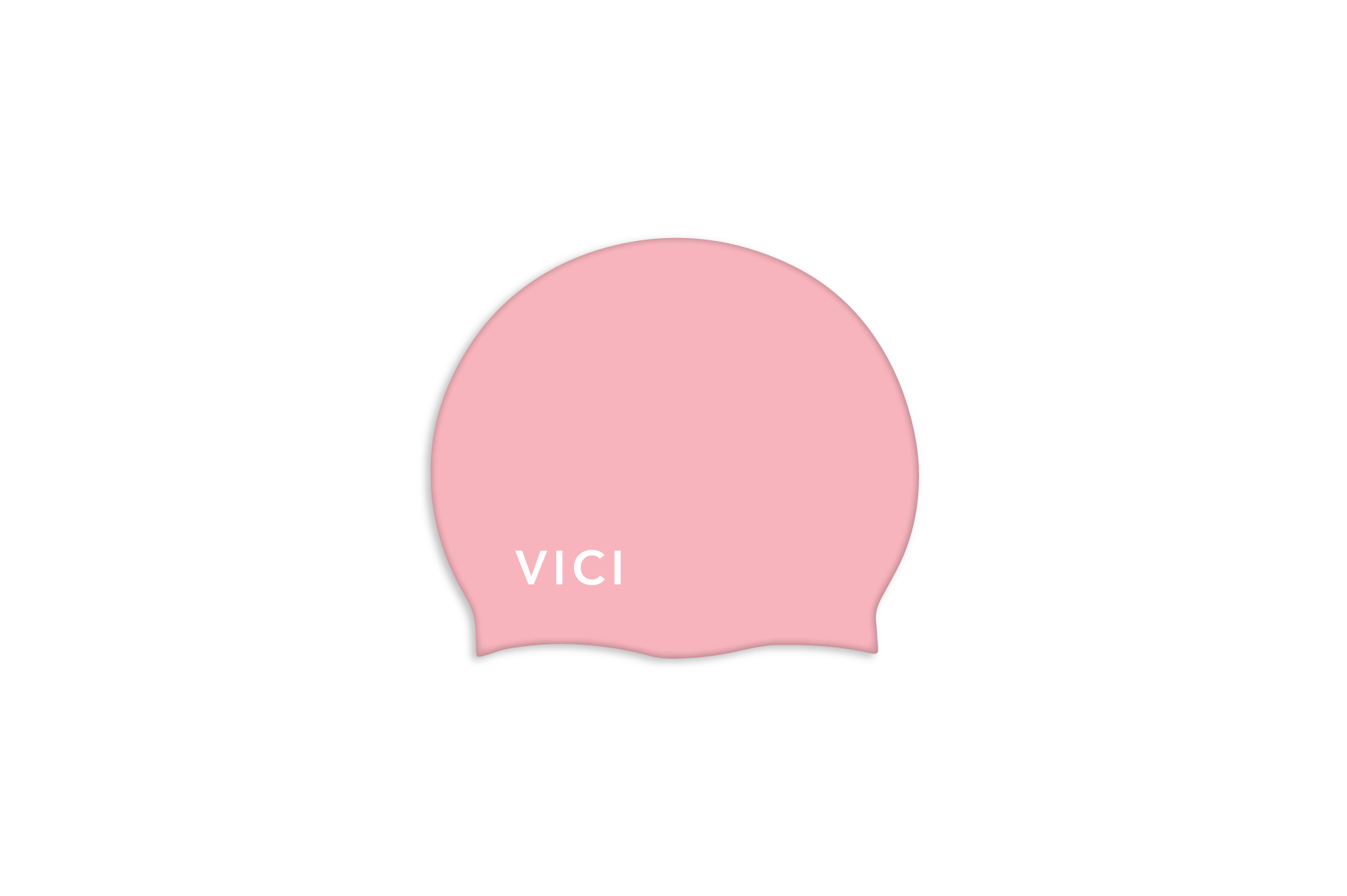A light pink swim cap with the brand name 'VICI' printed in white near the bottom left, shown on a plain white background.