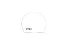 A minimalist white silicone swim cap with a wavy lower edge and the brand name 'VICI' printed in black near the bottom, shown on a solid white background.