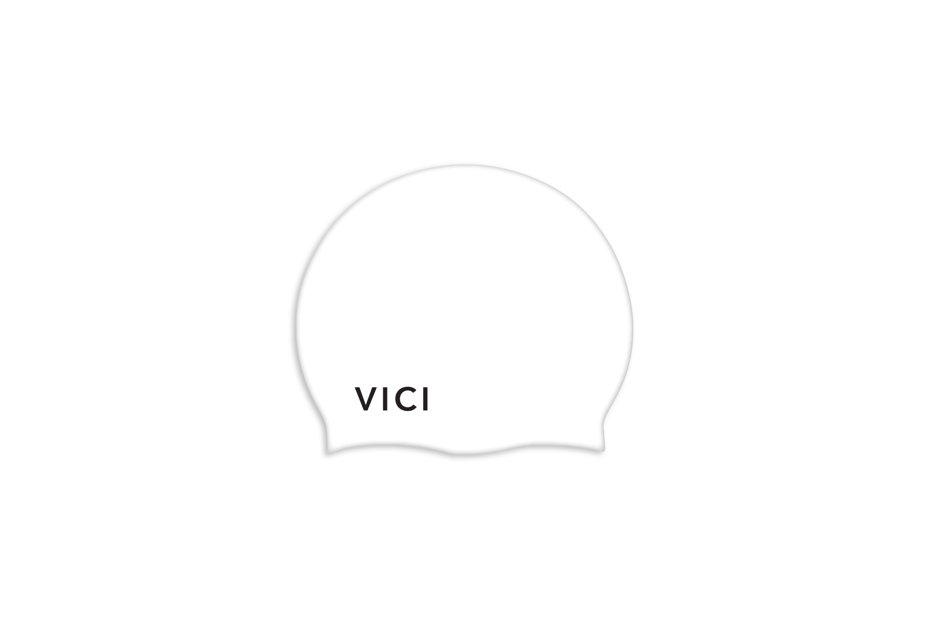 A minimalist white silicone swim cap with a wavy lower edge and the brand name 'VICI' printed in black near the bottom, shown on a solid white background.