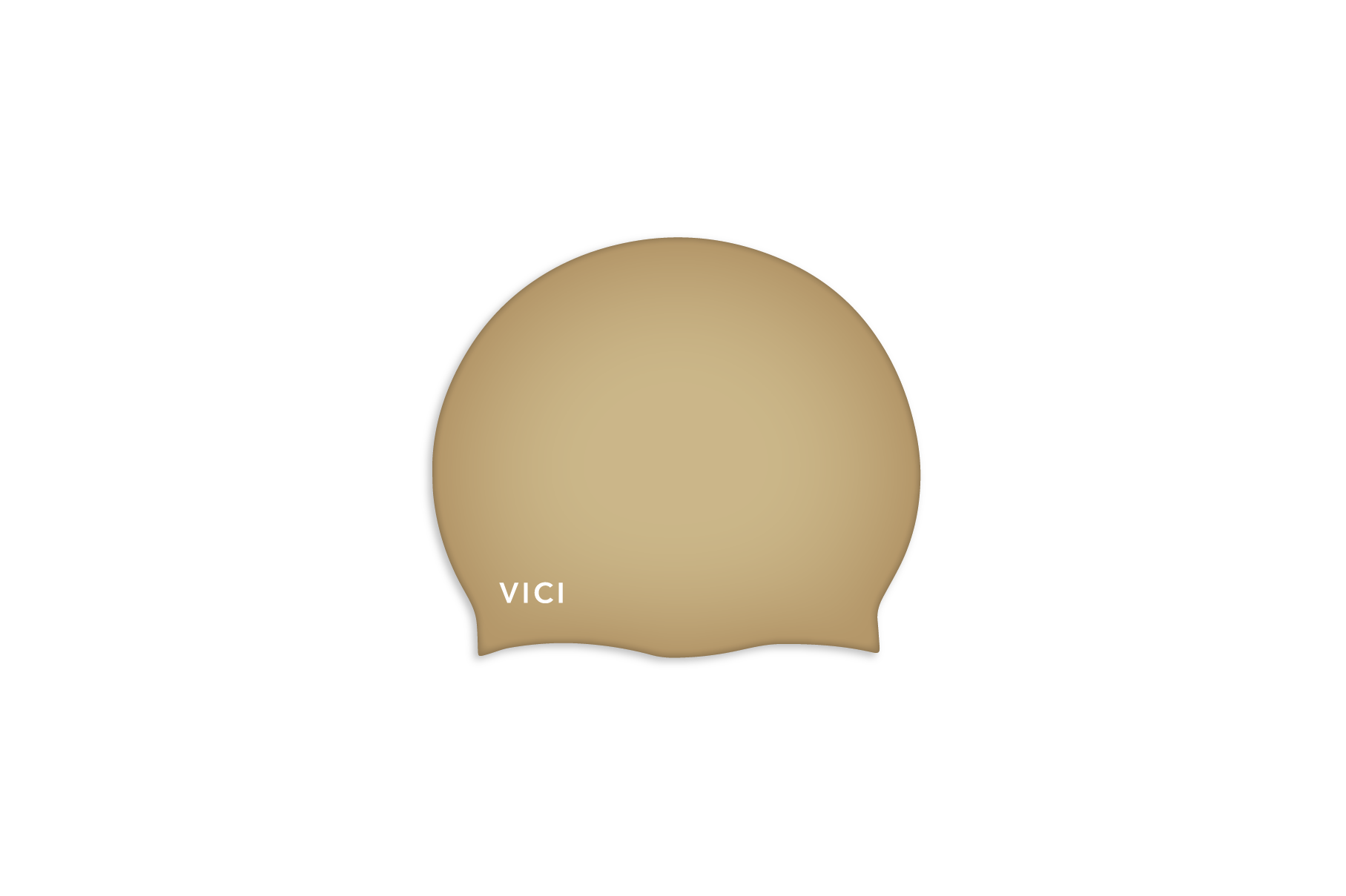 A Gold silicone swim cap with the brand name 'vici' printed in white near the bottom left, shown against a plain white background.