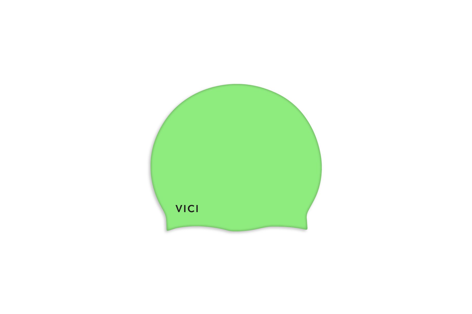 A light green silicone swim cap with the brand name 'VICI' printed in black near the bottom left, shown on a plain white background.