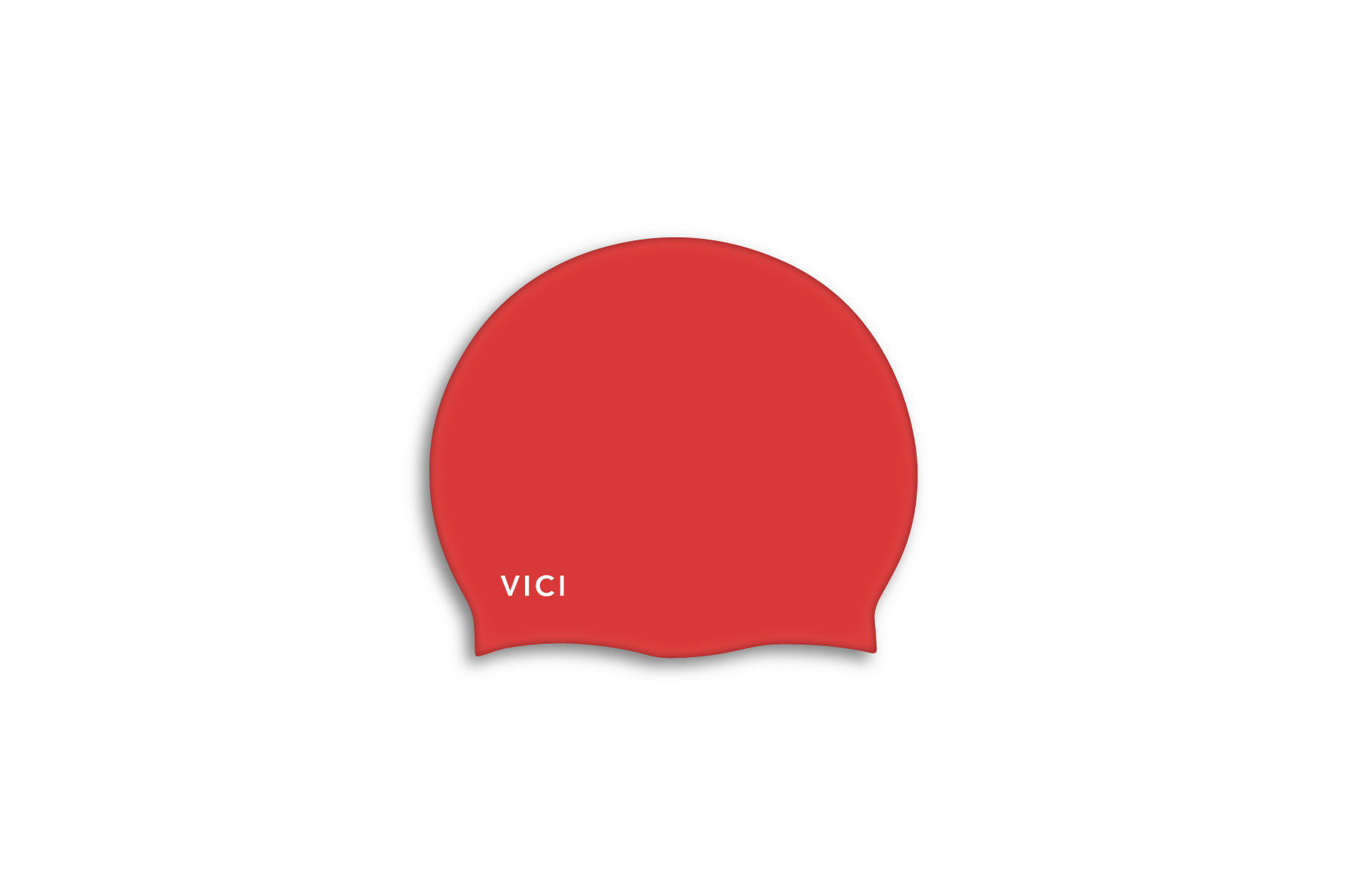 A red silicone swim cap with the brand name 'VICI' printed in white near the bottom left, shown on a plain white background.