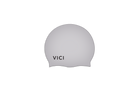 A Silver silicone swim cap with the brand name 'VICI' printed in black near the front, shown against a plain white background.
