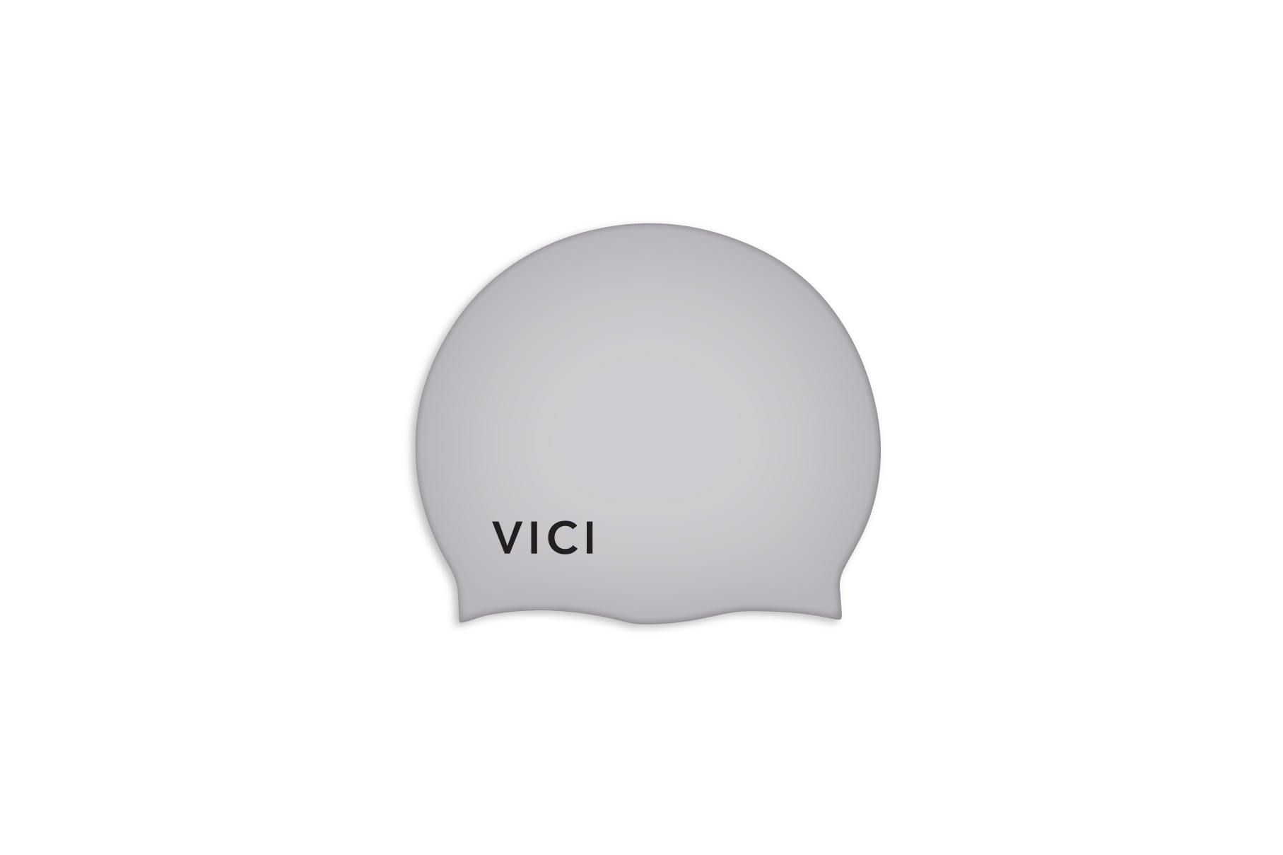 A Silver silicone swim cap with the brand name 'VICI' printed in black near the front, shown against a plain white background.