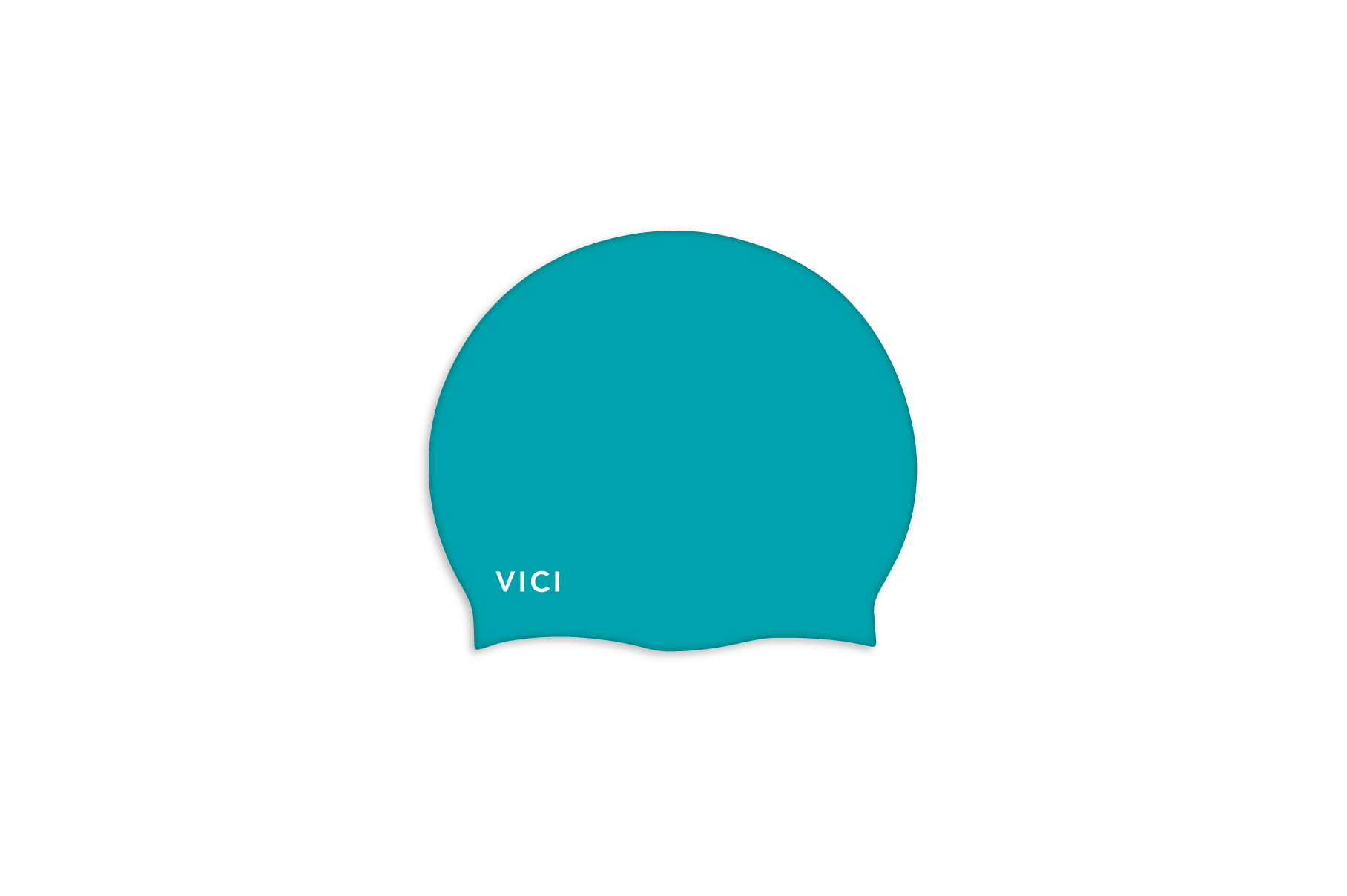 A teal blue silicone swim cap with the brand name 'vici' printed in white near the lower left edge, shown against a plain white background.