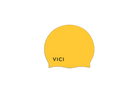 A bright yellow swim cap with the brand name 'VICI' printed in black near the front, shown on a plain white background.