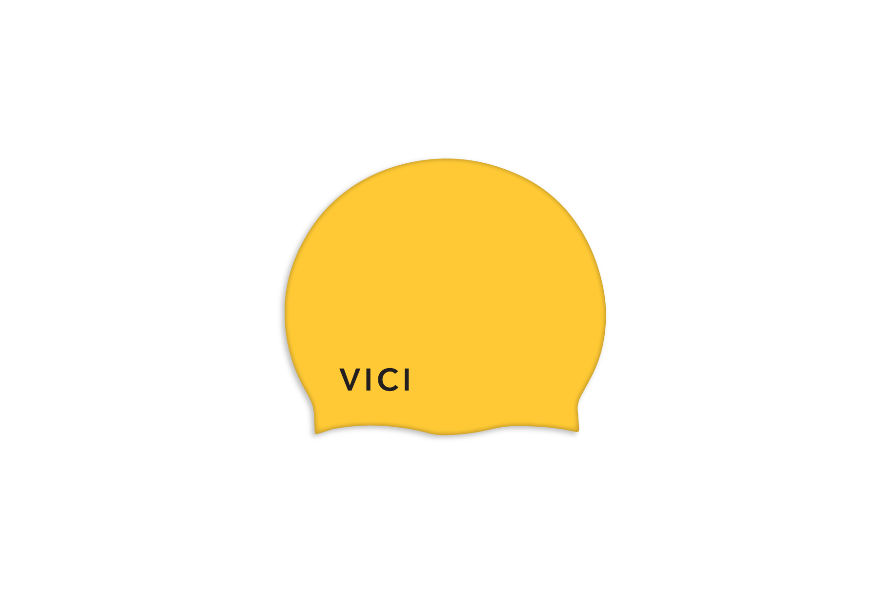 A bright yellow swim cap with the brand name 'VICI' printed in black near the front, shown on a plain white background.