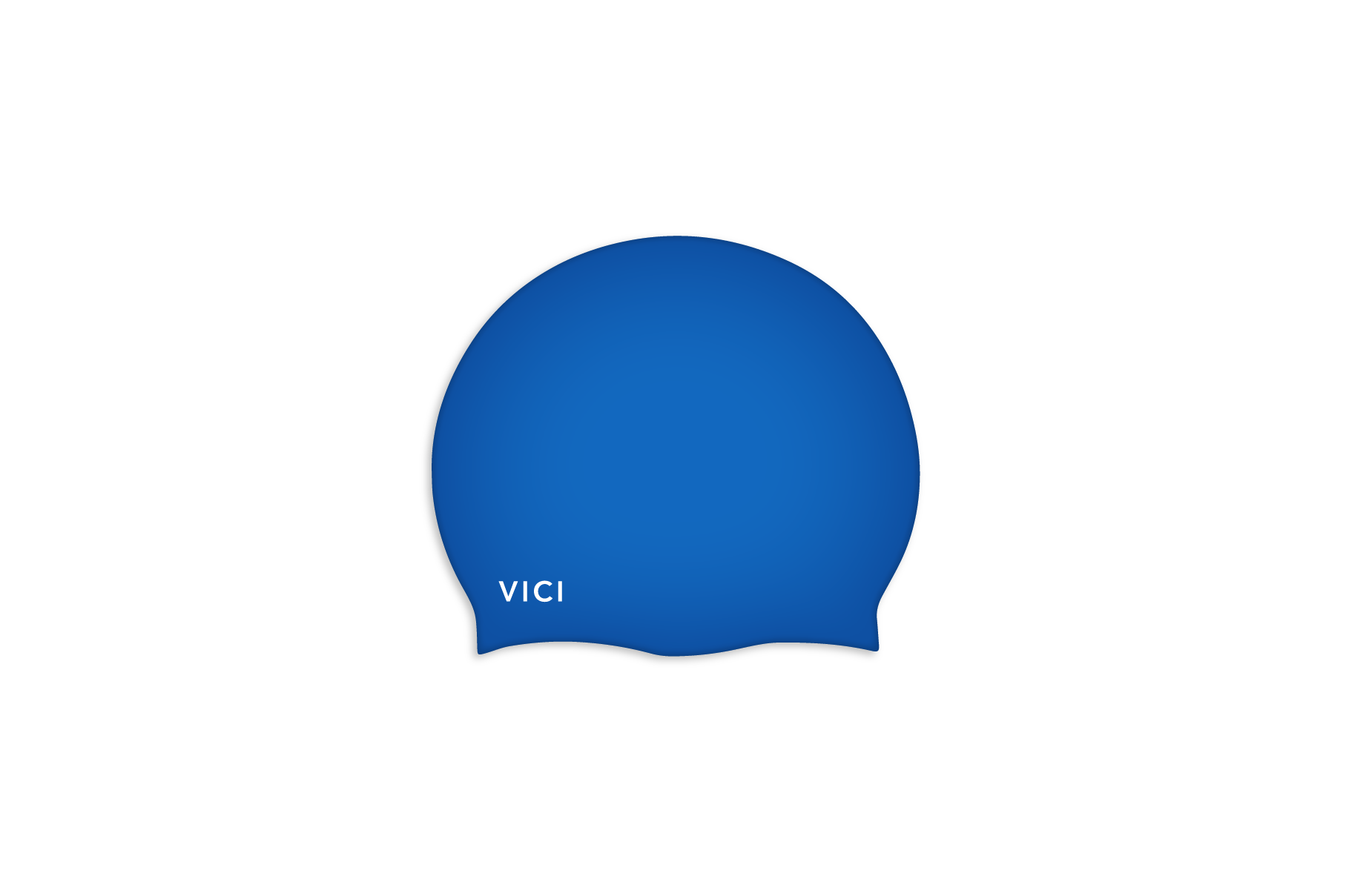 A blue silicone swim cap with the brand name 'VICI' printed in white on the lower left, shown against a plain white background.