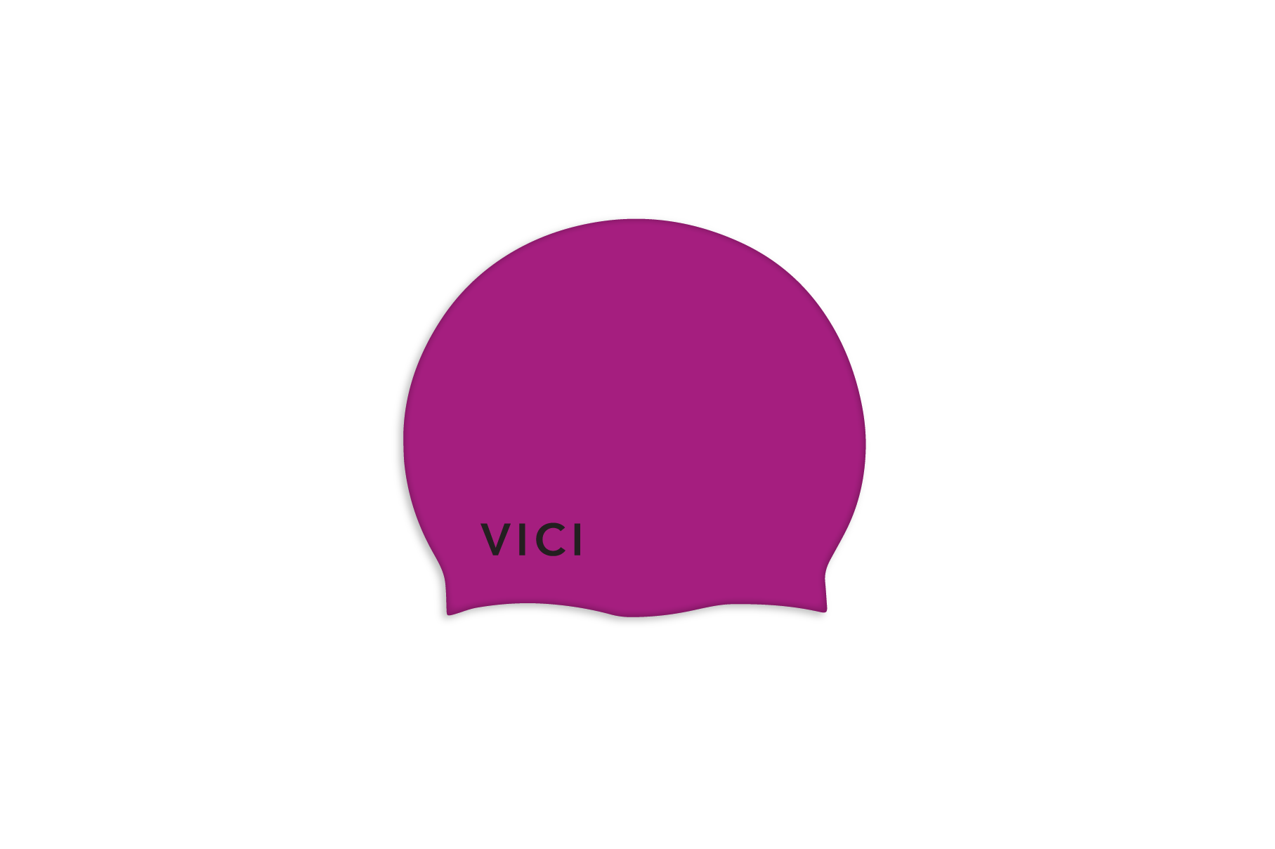 A magenta purple silicone swim cap with the brand name 'VICI' printed in black near the bottom left, shown on a plain white background.